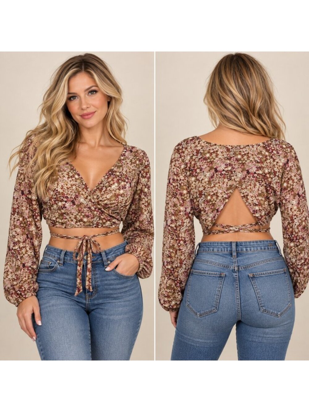 NWT Rue 21 Sz XL Pink Floral Wrap Shirt Cropped Long Sleeve Tie Hippie